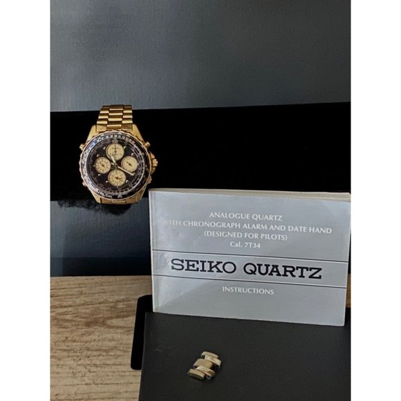 Vintage SEIKO FLIGHTMASTER Gold Black Chronograph Watch 7T34-6A09 NEW BATTERY - Picture 6 of 7